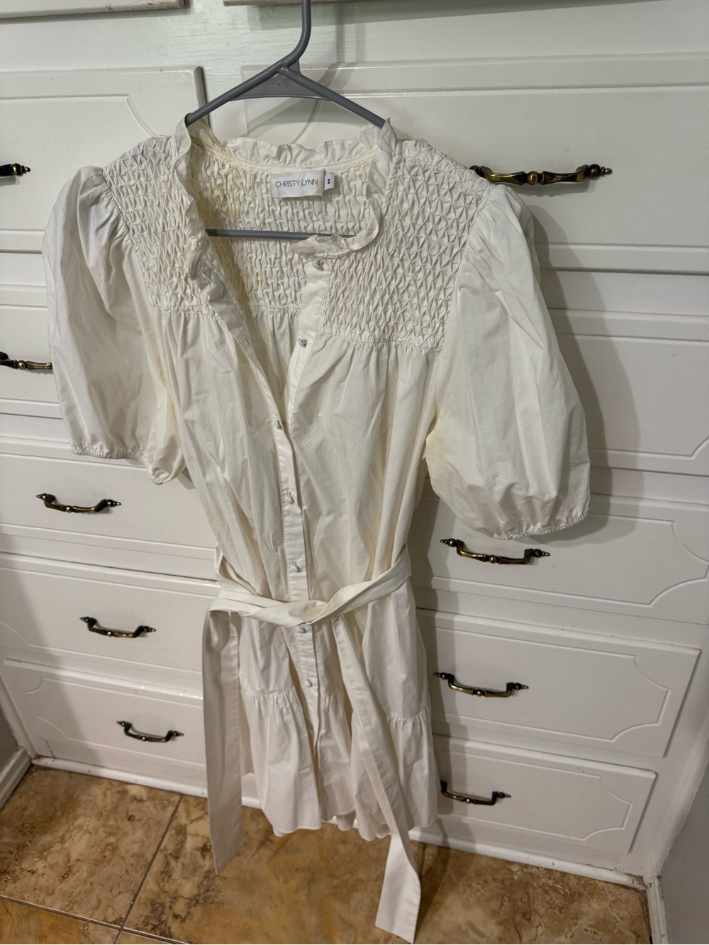 Christy Cream Smocked Puff-Sleeve Midi Dress with Tie Belt